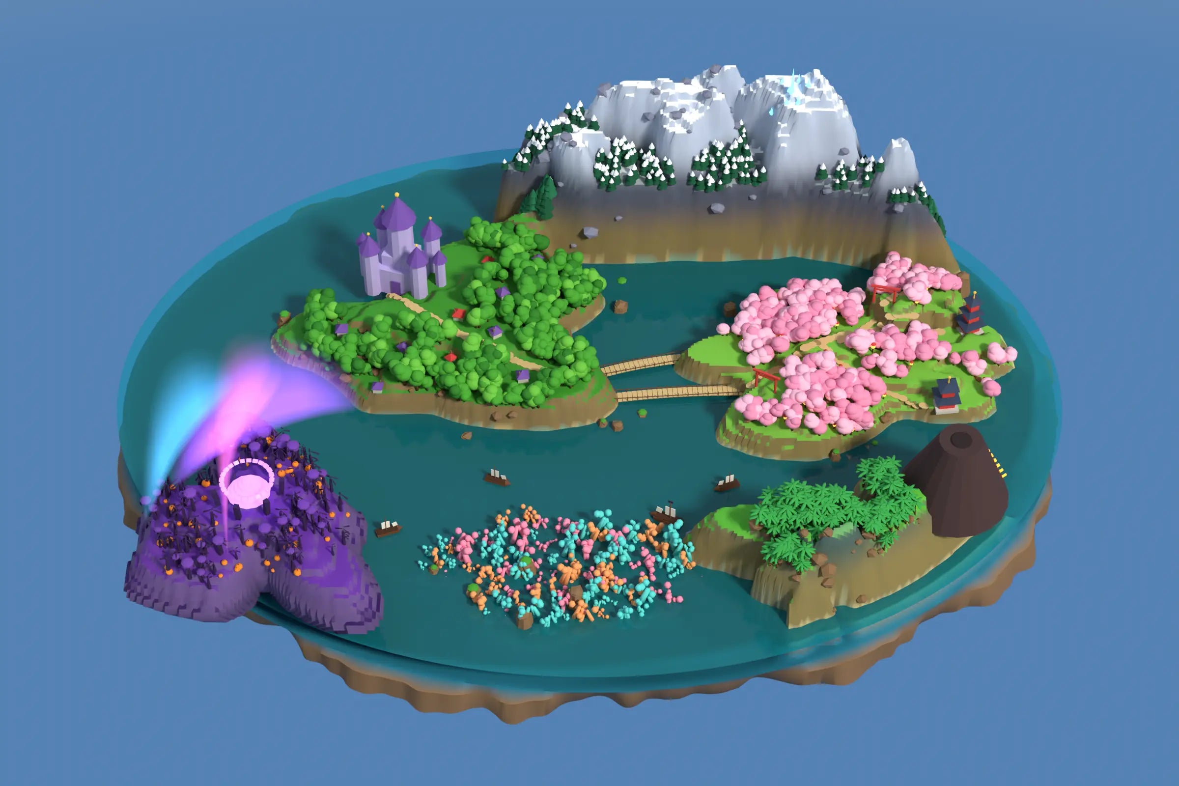 Illustrated 3D map of Dreambly World showing all six story regions