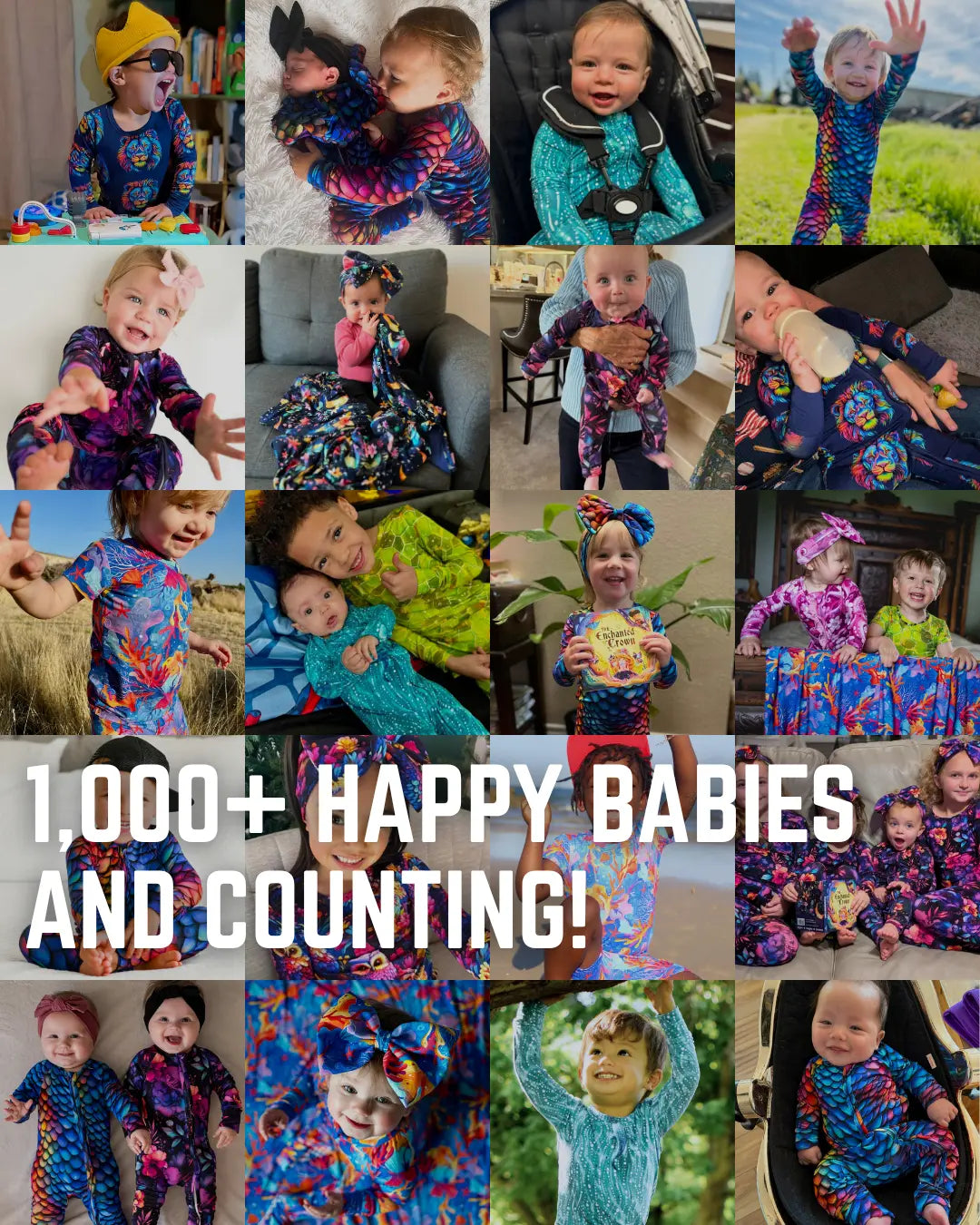 Collage of children in colorful outfits with text '1,000+ Happy Babies and Counting!'.