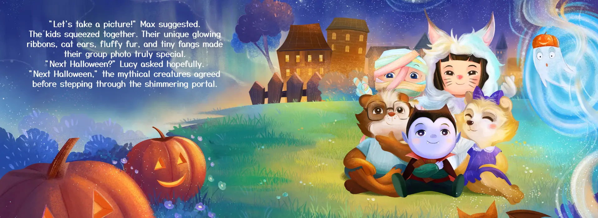 Cartoon characters in Halloween costumes with pumpkins and a haunted house in the background.