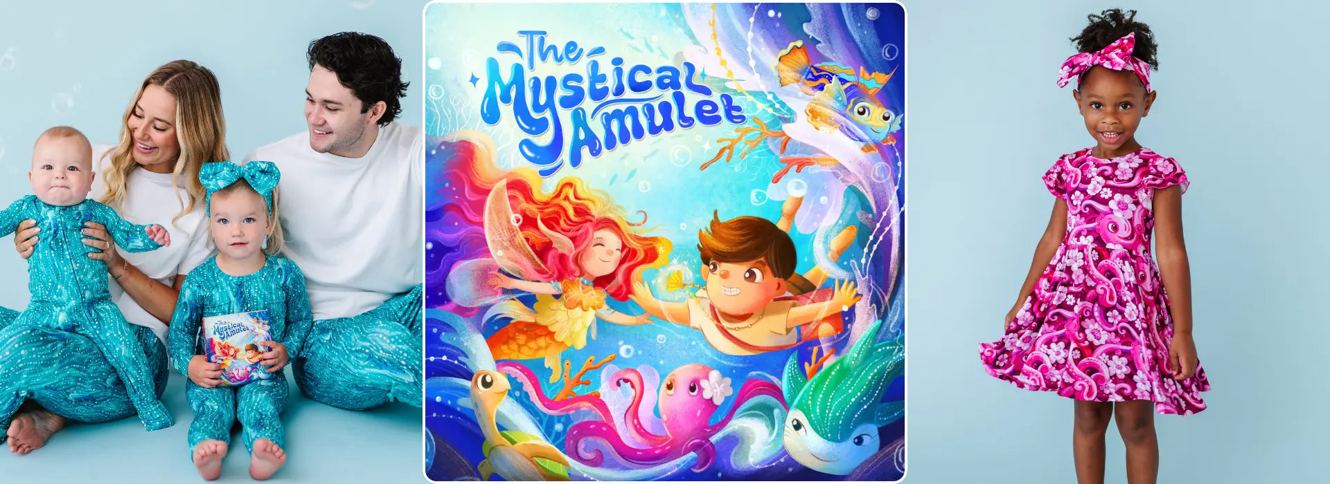 Three-panel hero banner showing a family with two children in matching teal mermaid-scale pajamas on the left, the cover of 'The Mystical Amulet' book with an underwater mermaid scene in the center, and a young girl in a pink floral dress with a matching bow on the right