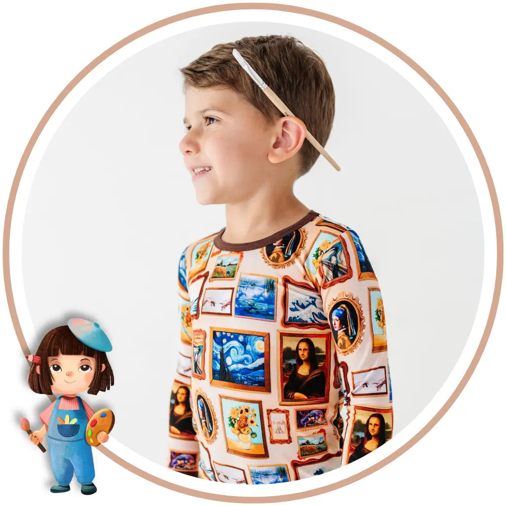 Circular tile of a child with a paintbrush behind one ear wearing pajamas printed with framed famous paintings, with a small artist character illustration.