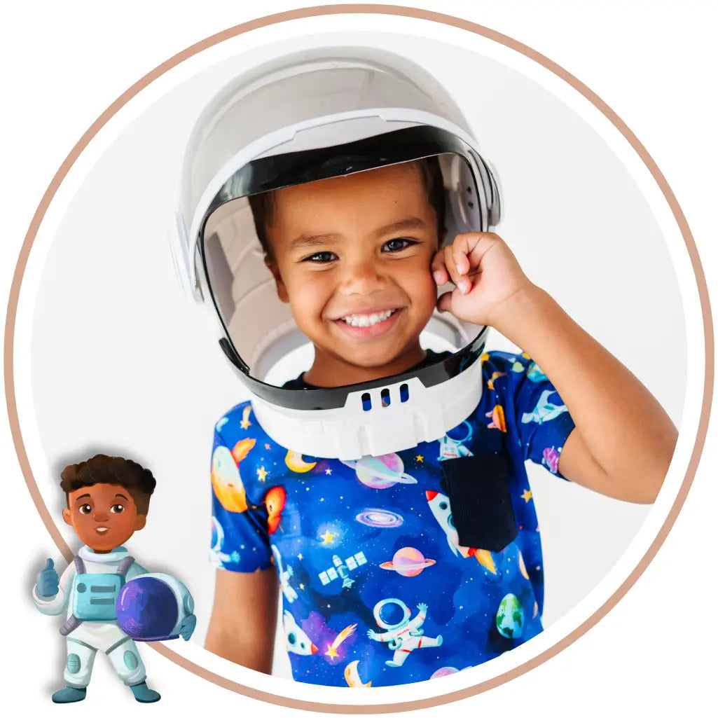 A smiling young child wearing a white astronaut helmet with a clear visor, paired with a blue space-print pajama shirt. The image is framed in a circular border with a small astronaut cartoon graphic in the lower-left corner.