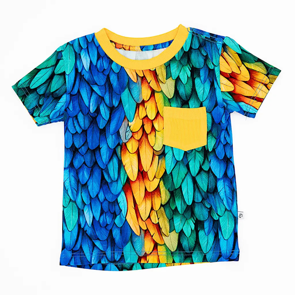 Colorful parrot feather pattern t-shirt on a white background