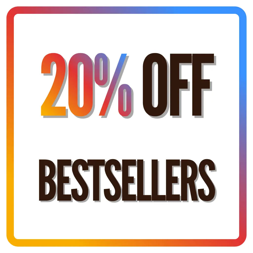 Promotional text '20% OFF BESTSELLERS' with a colorful border on a white background