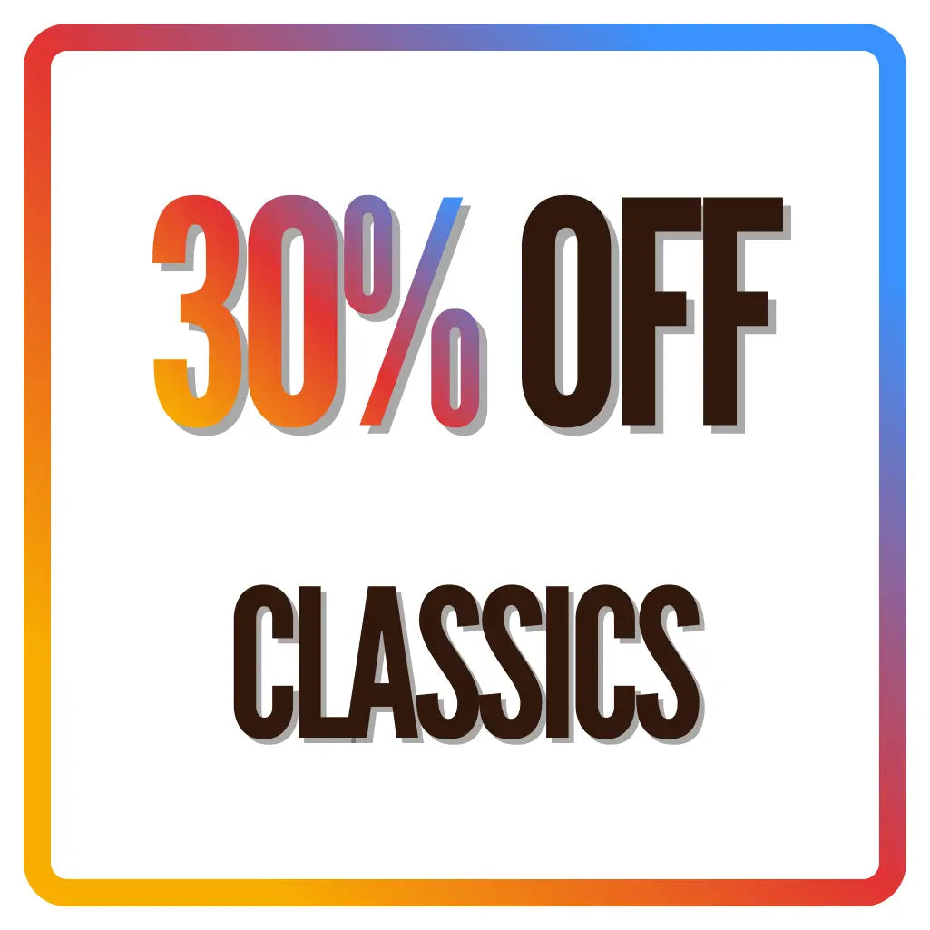 Promotional text '30% OFF CLASSICS' with a colorful border on a white background