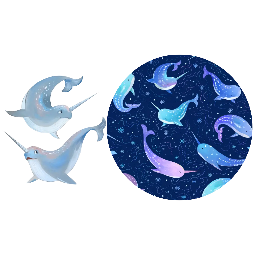 Illustration of two narwhals beside a round swatch of a navy print with blue and lavender narwhals and stars.