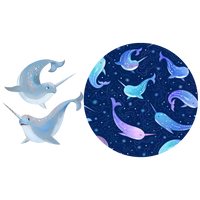 Illustration of two narwhals beside a round swatch of a navy print with blue and lavender narwhals and stars.