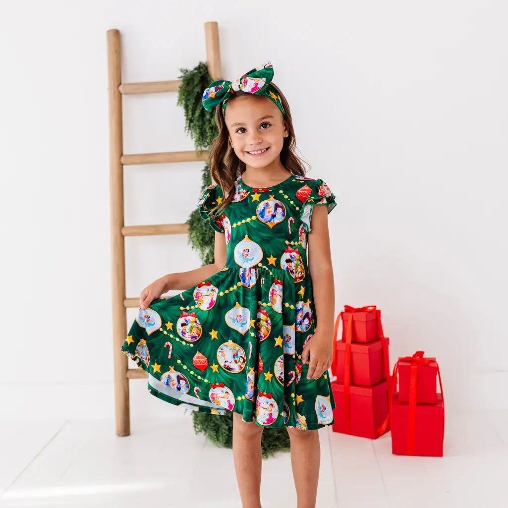 Watercolor Christmas Ornament Kids Twirl Dress – Bamboo Girl Twirl Dress with Flutter Sleeves & Side Pockets