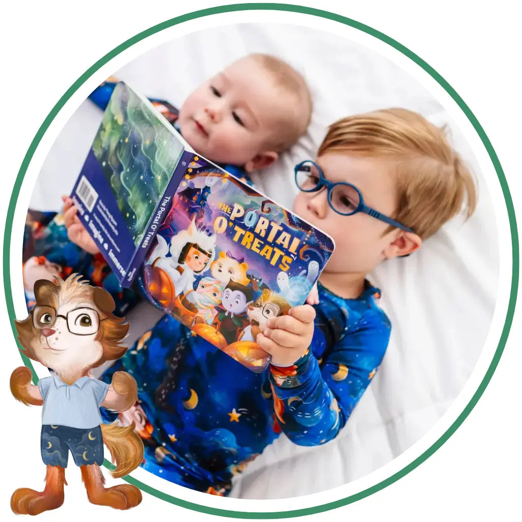 Two children in matching outfits holding a 'Portal Outta This World' book with a cartoon character on a white background.