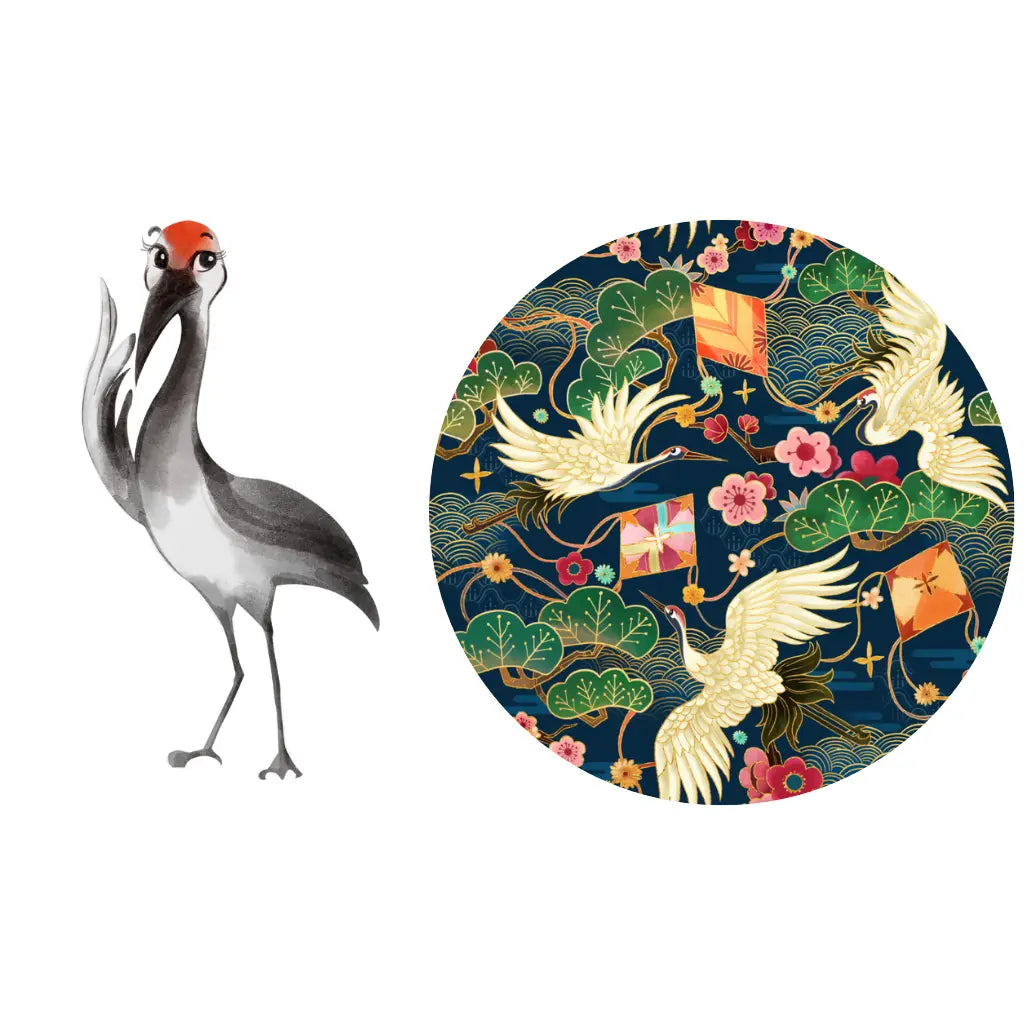 Stylized bird figure next to a circular design with cranes and traditional elements on a white background