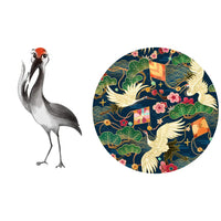 Stylized bird figure next to a circular design with cranes and traditional elements on a white background