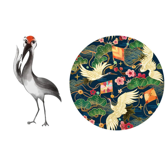 Stylized bird figure next to a circular design with cranes and traditional elements on a white background
