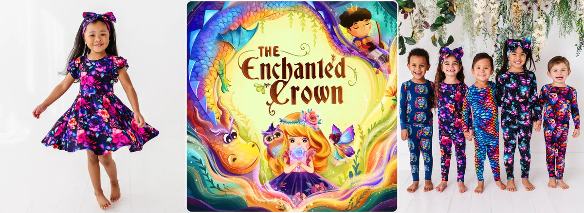 Three-panel hero banner showing a girl in a purple floral dress with a matching bow on the left, the cover of 'The Enchanted Crown' book with a princess and dragon fantasy scene in the center, and a group of five children in matching dark floral pajamas on the right