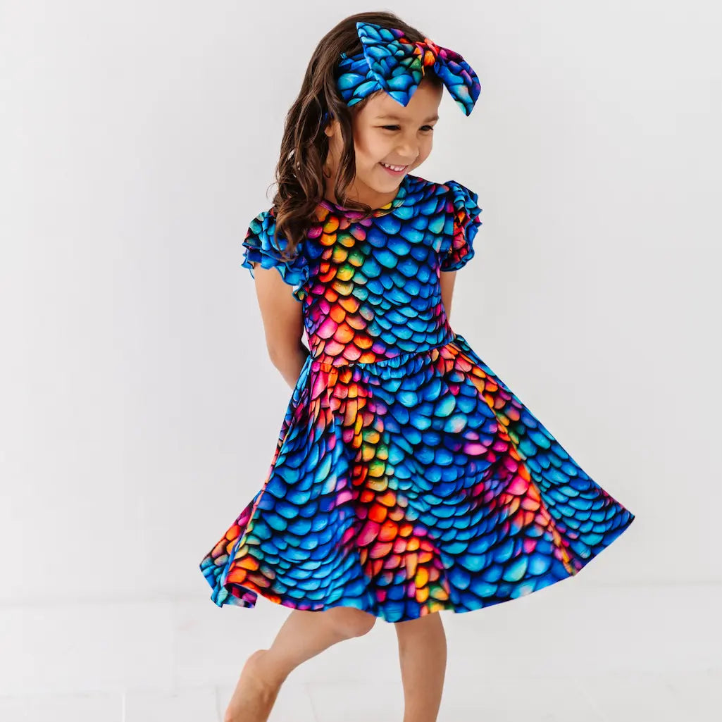 Child wearing a colorful dress with a dragon scale pattern on a white background