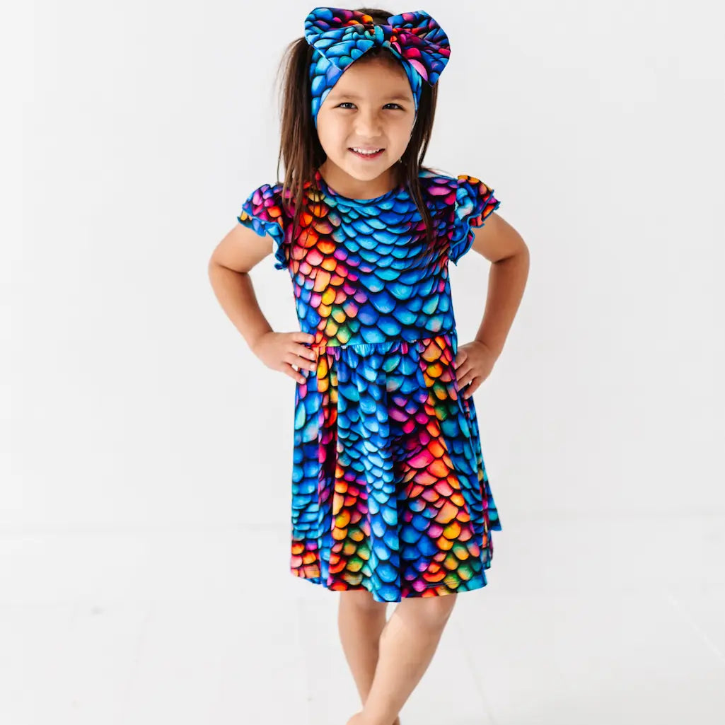 Young girl wearing a colorful dress with dragon scale pattern and matching headband on a white background