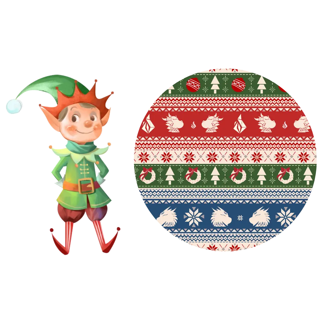 Illustration of an elf beside a round swatch of a red, green, blue and white fair isle print with snowflakes and dragon heads.