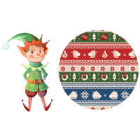 Illustration of an elf beside a round swatch of a red, green, blue and white fair isle print with snowflakes and dragon heads.