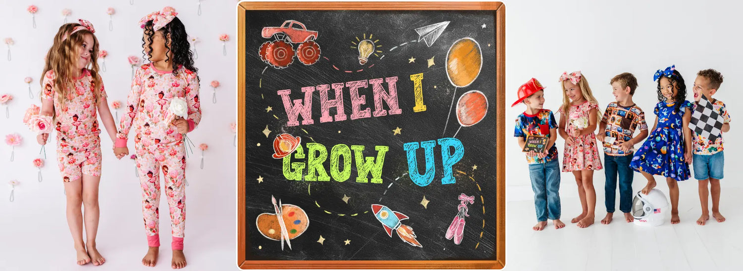 A collage-style promotional image showing children wearing matching pajamas and outfits, with a central chalkboard sign reading “WHEN I GROW UP” decorated with space-themed drawings. The left child wears a pink floral one-piece pajama set, and the right side shows several children in colorful clothing against a white studio background.