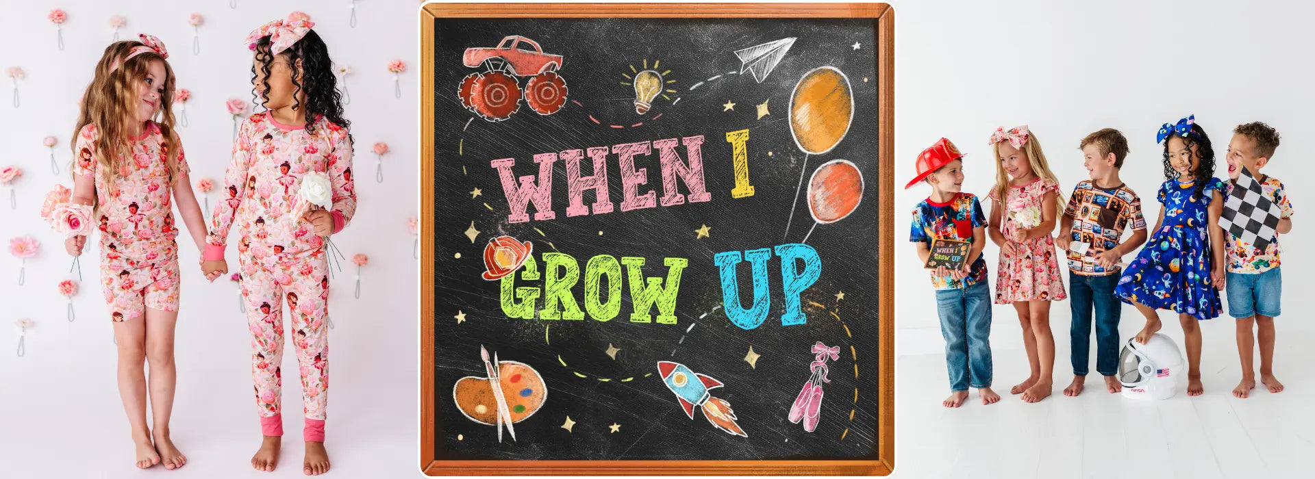 A collage-style promotional image showing children wearing matching pajamas and outfits, with a central chalkboard sign reading “WHEN I GROW UP” decorated with space-themed drawings. The left child wears a pink floral one-piece pajama set, and the right side shows several children in colorful clothing against a white studio background.
