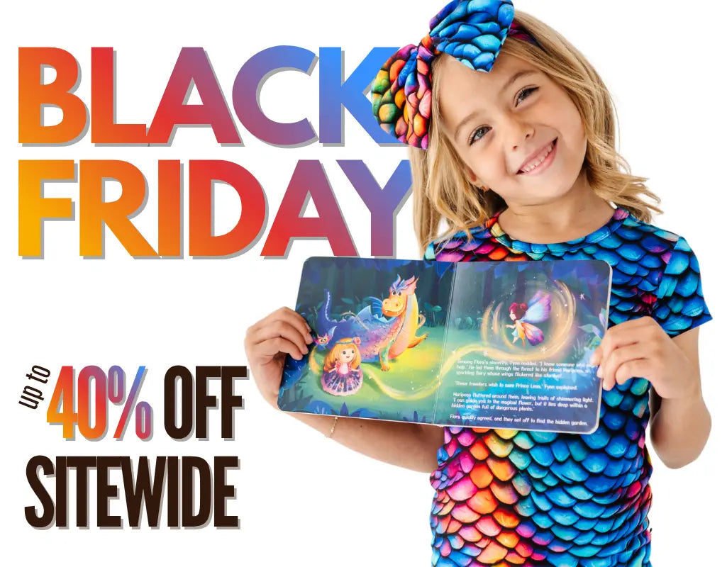 Child in colorful costume holding a book with 'Black Friday' sale text overlay