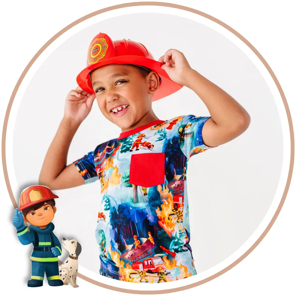 Circular tile of a laughing child in a red fire chief hat and firefighter print tee, with a small firefighter character illustration.