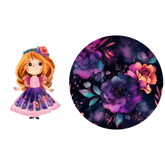 Illustration of a cartoon princess character with floral elements and a circular piece of fabric with a floral pattern.