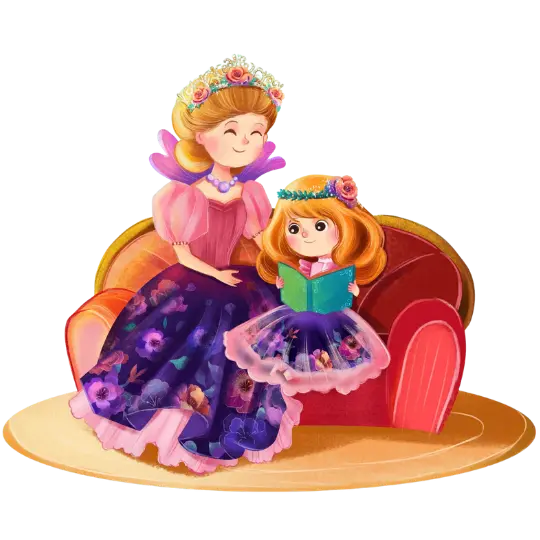 Illustration of two princesses sitting on a couch with one reading a book.