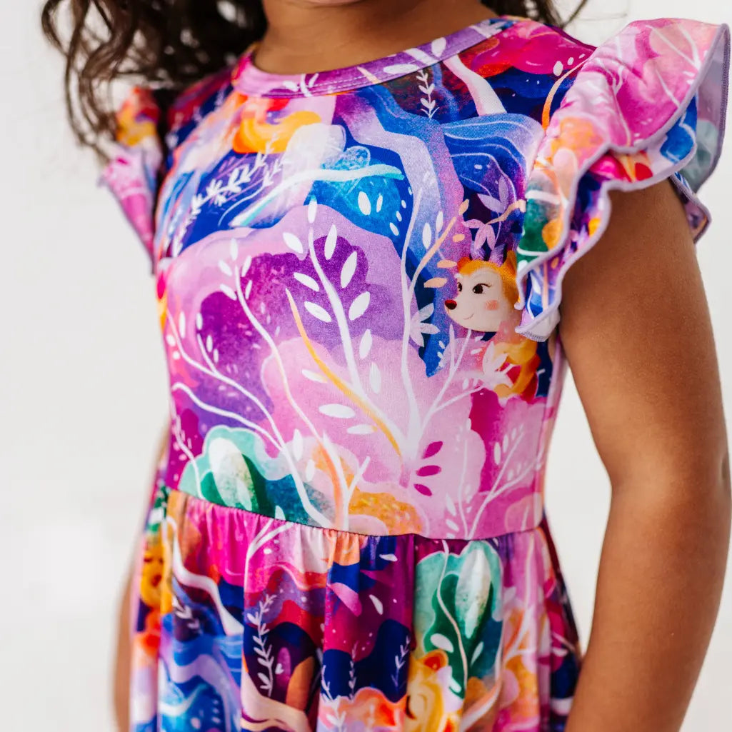 Child wearing a colorful floral dress with ruffled sleeves on a white background