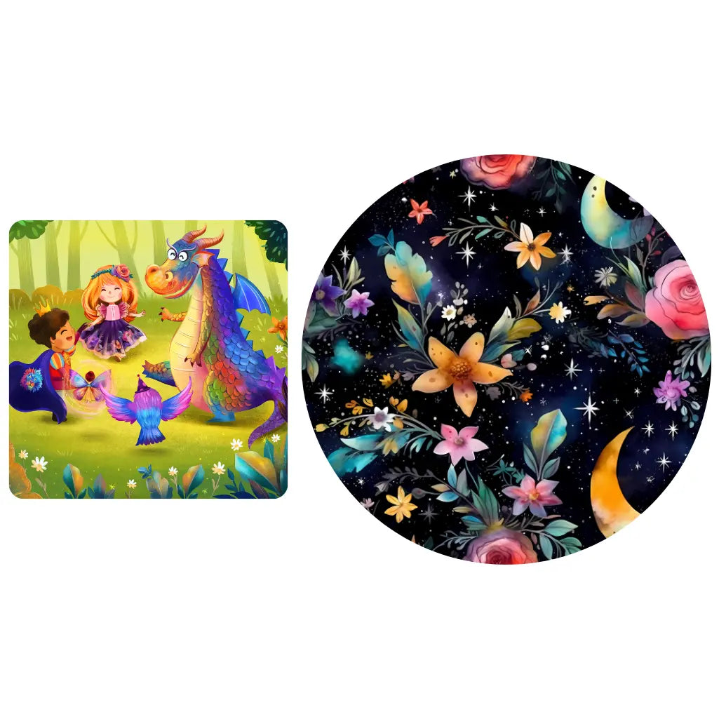 A two-panel image showing a pair of women's pajama pants with a whimsical forest and dragon pattern on one side and a dark floral pattern on the other.