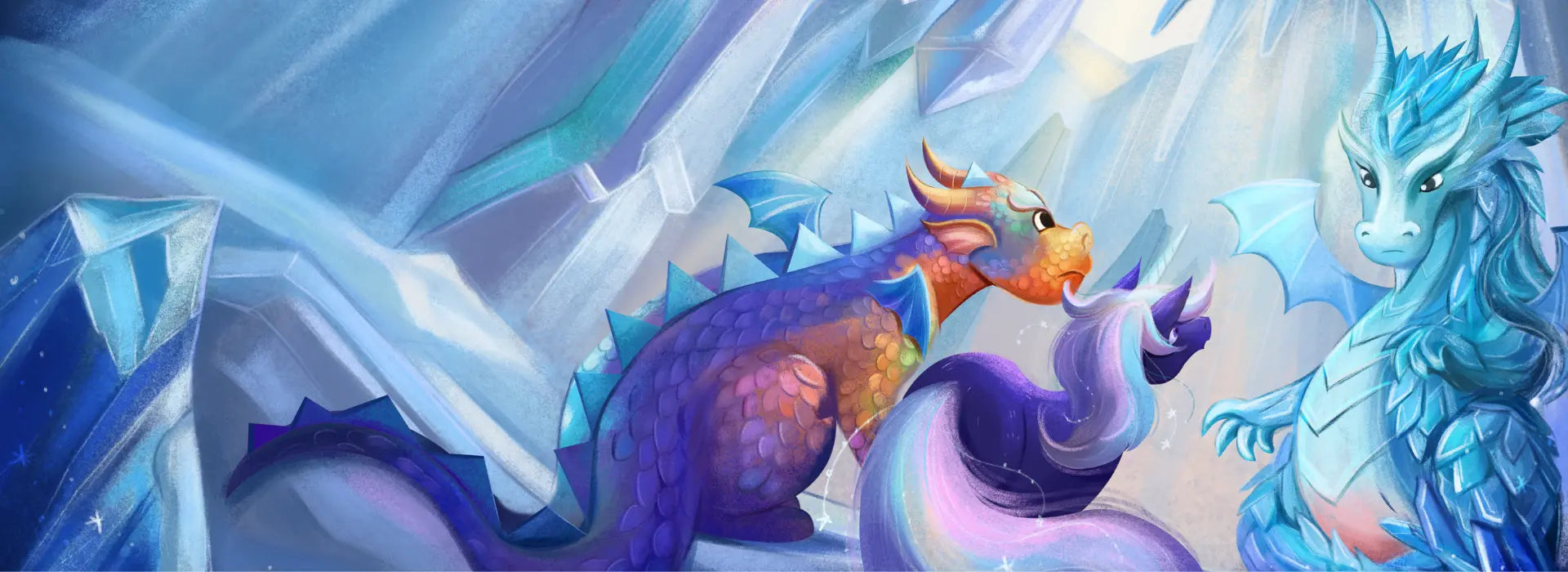 Two dragons in a snowy landscape with ice crystals.