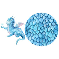 Blue dragon illustration with close-up of blue scales on a white background