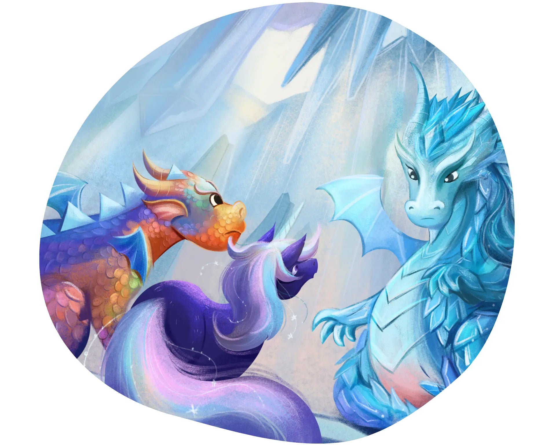 Two colorful dragons, one orange and purple, the other blue, in a circular frame.