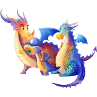 Illustration of two friendly dragons standing together, one orange and one blue.