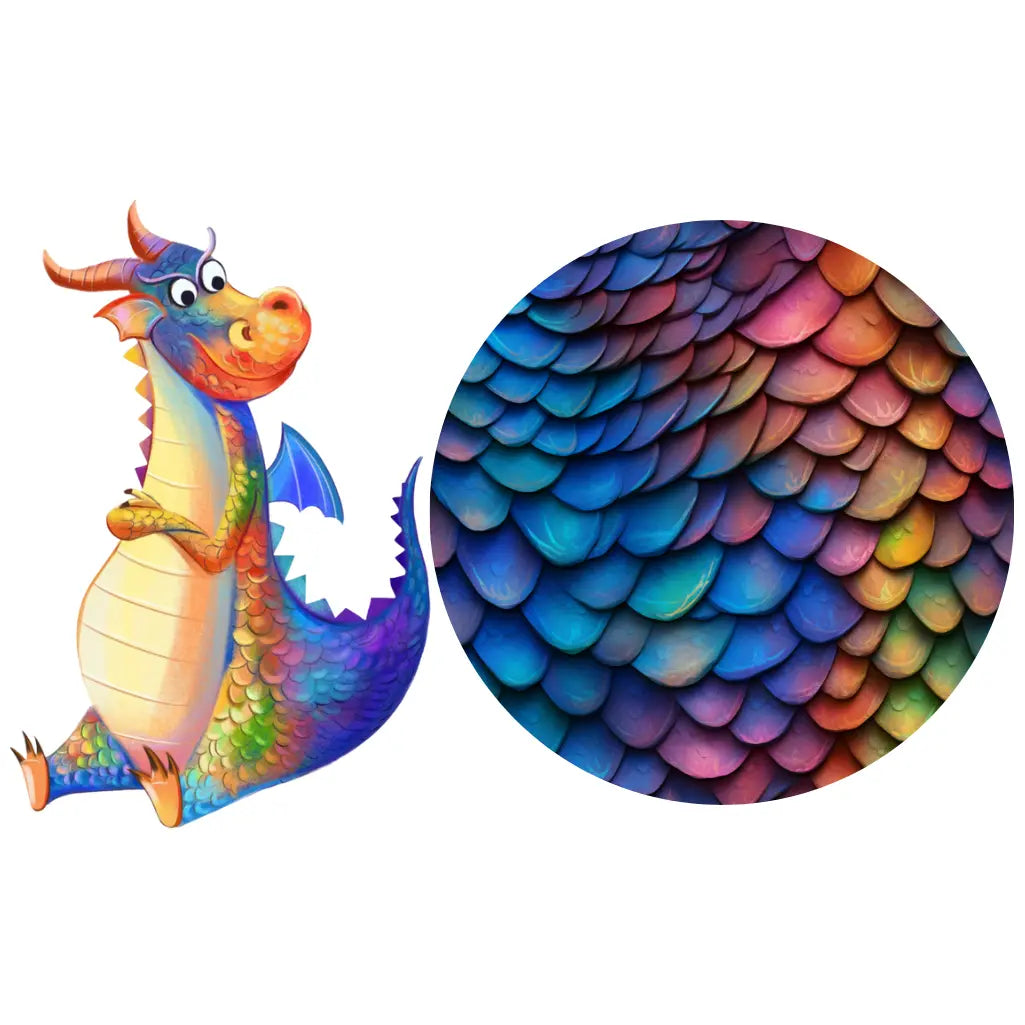 Illustration of a colorful dragon with vibrant scales alongside a close-up of a rainbow-colored scale pattern.