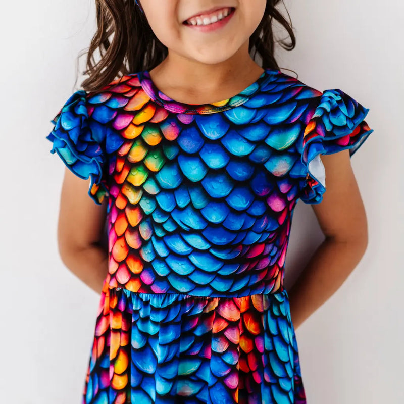 Child wearing a colorful dress with a dragon scale pattern on a white background