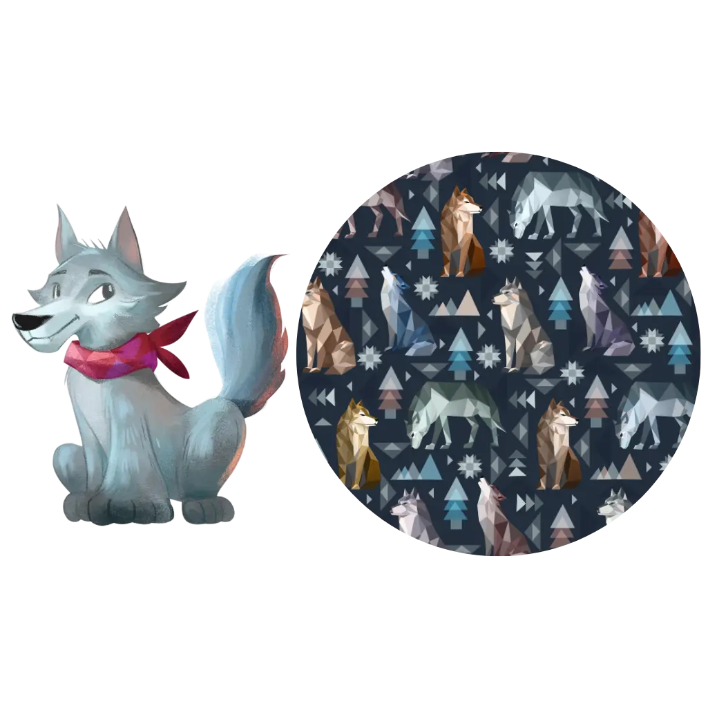 Illustration of a wolf in a red scarf beside a round swatch of a navy print with geometric wolves, triangle trees and snowflakes.
