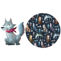 Illustration of a wolf in a red scarf beside a round swatch of a navy print with geometric wolves, triangle trees and snowflakes.