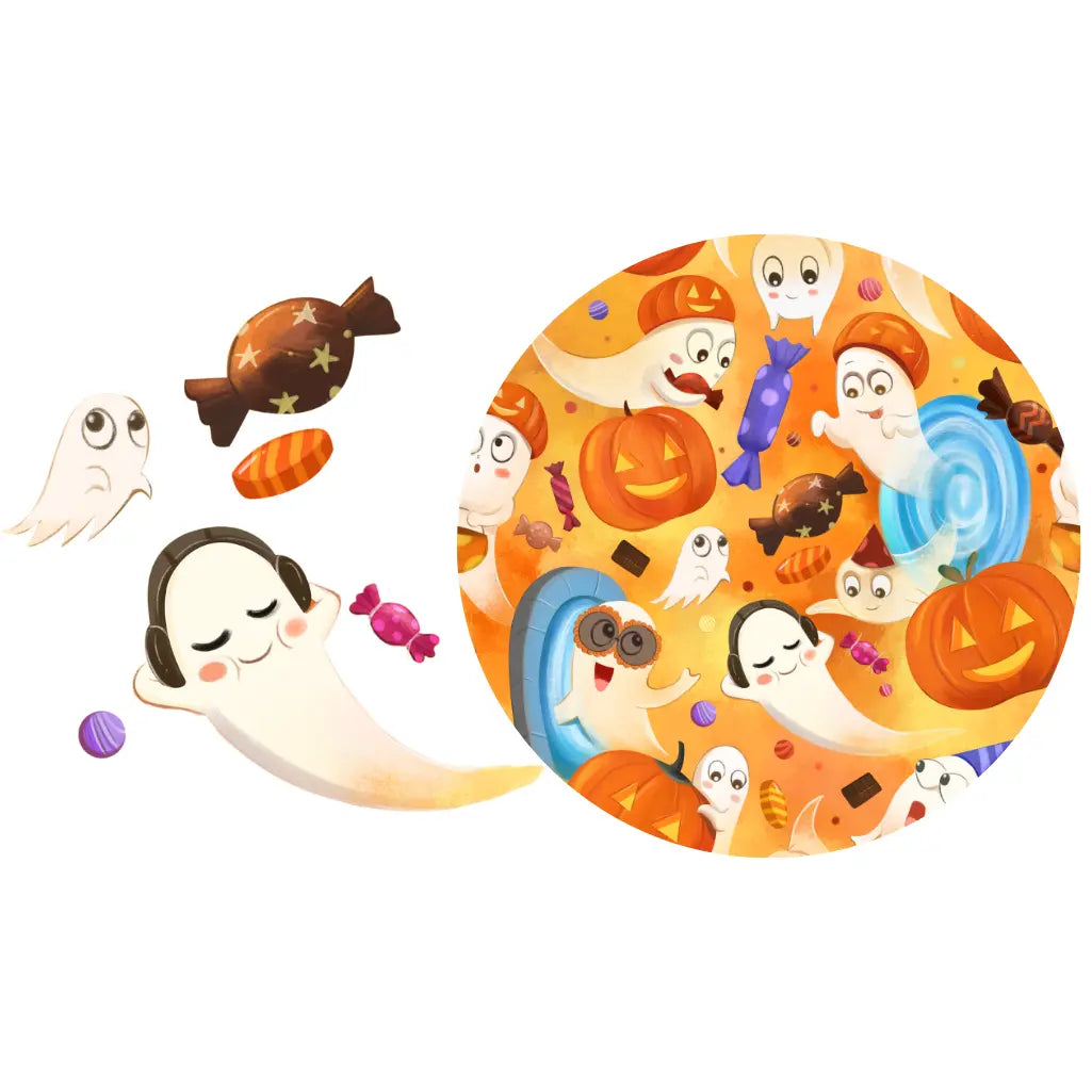 Illustration of playful ghosts with candy beside a circular swatch of an orange Halloween print with ghosts, pumpkins, and sweets.