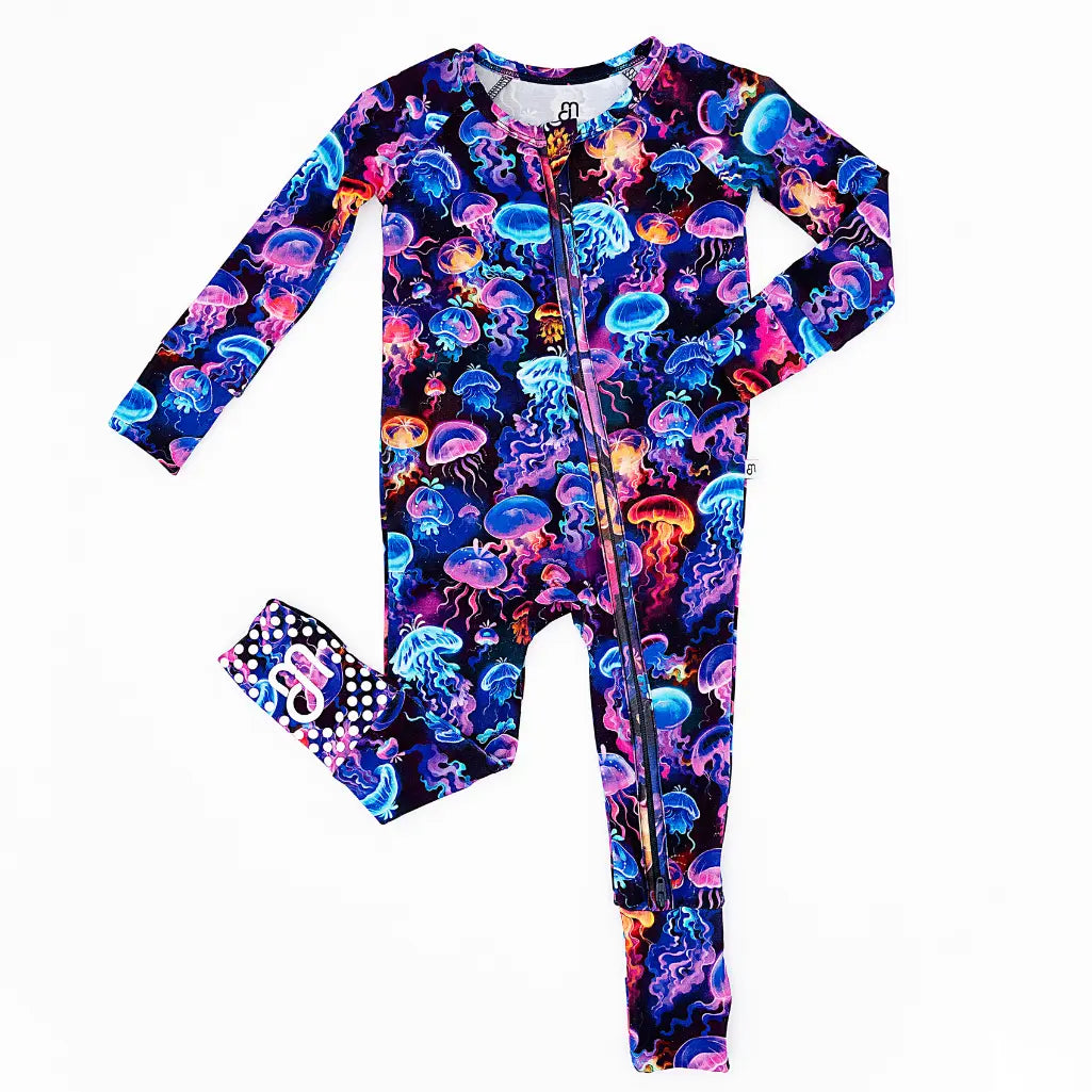 Colorful onesie with jellyfish pattern on a white background