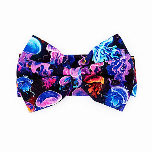 Colorful jellyfish patterned bow tie on a white background