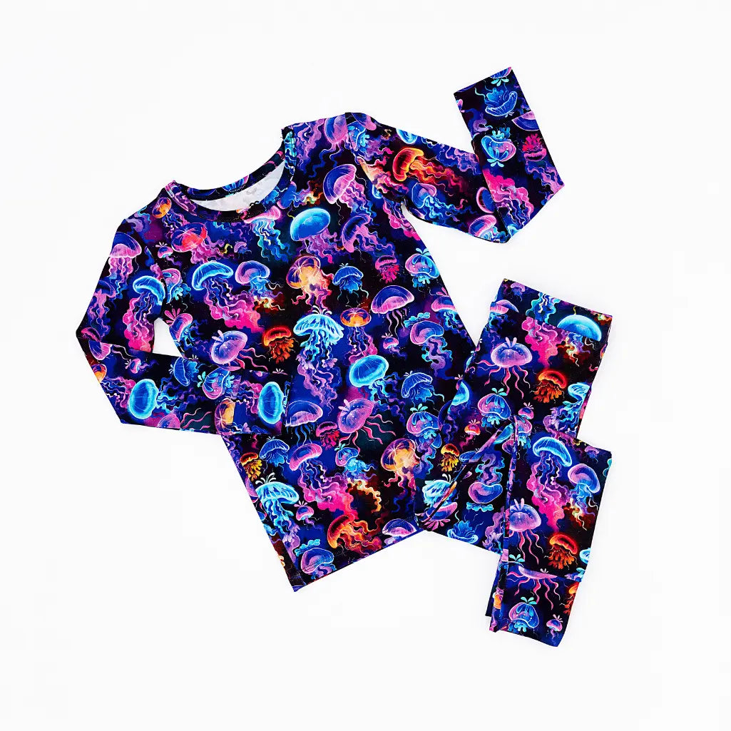 Colorful jellyfish pattern pajama set on a white background