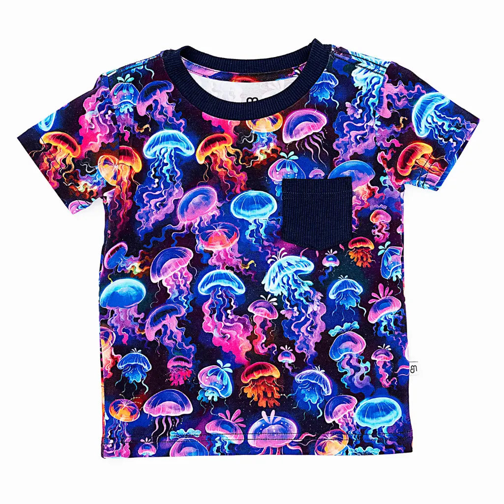 T-shirt with colorful jellyfish pattern on a white background