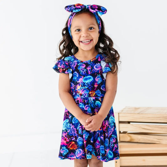 Young girl wearing a colorful dress with jellyfish pattern and matching headband.