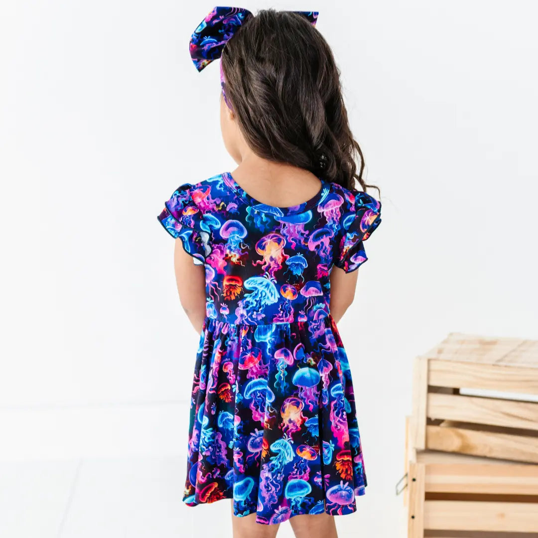 Child wearing a colorful jellyfish-patterned dress on a white background