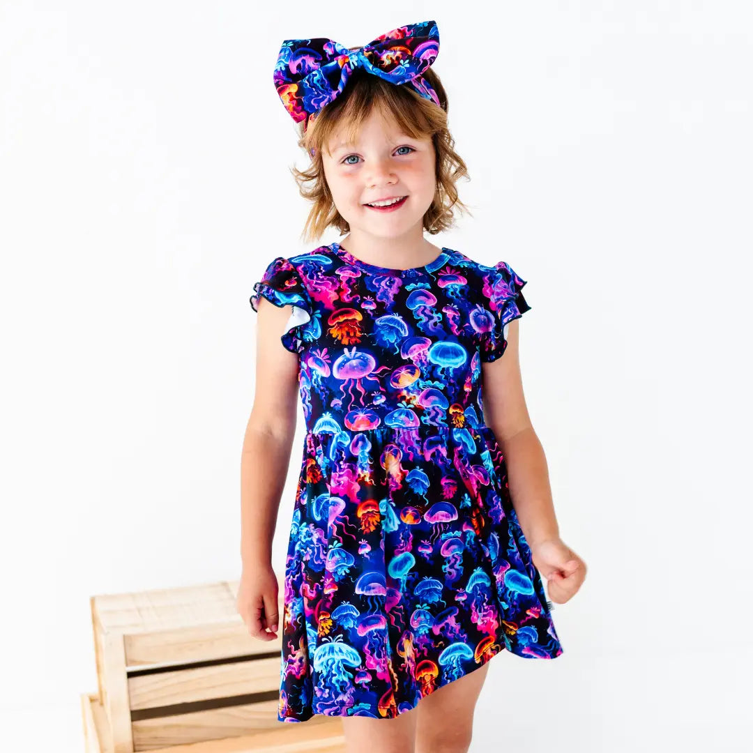Child wearing a colorful dress with jellyfish pattern and matching headband on a white background