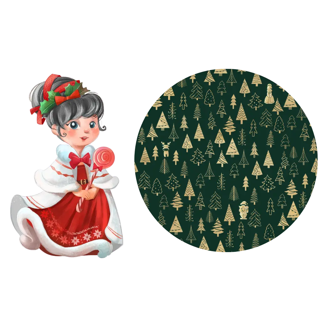 Illustration of Mrs. Claus beside a round swatch of a dark green print with gold and outlined Christmas trees.