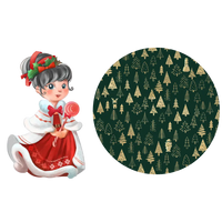Illustration of Mrs. Claus beside a round swatch of a dark green print with gold and outlined Christmas trees.