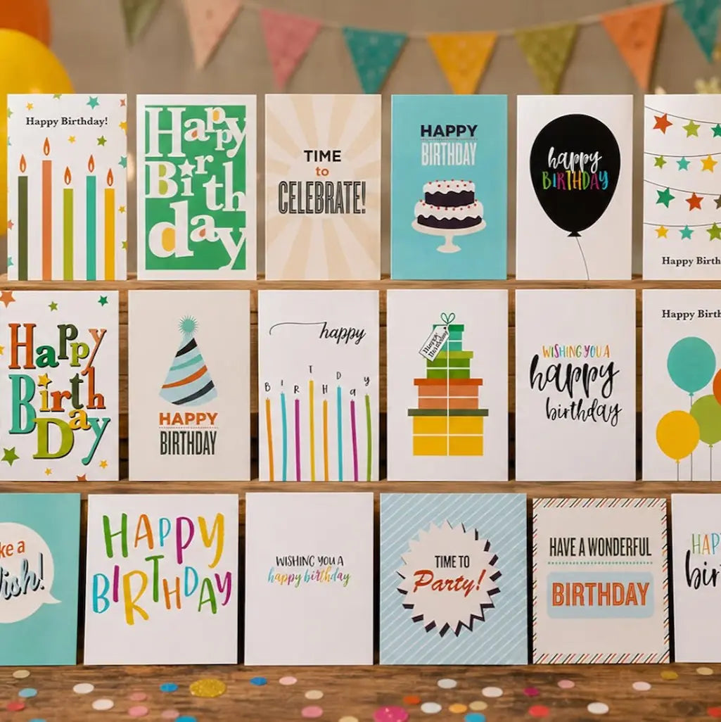 An assortment of colorful birthday greeting cards displayed in rows on a wooden table with bunting in the background.