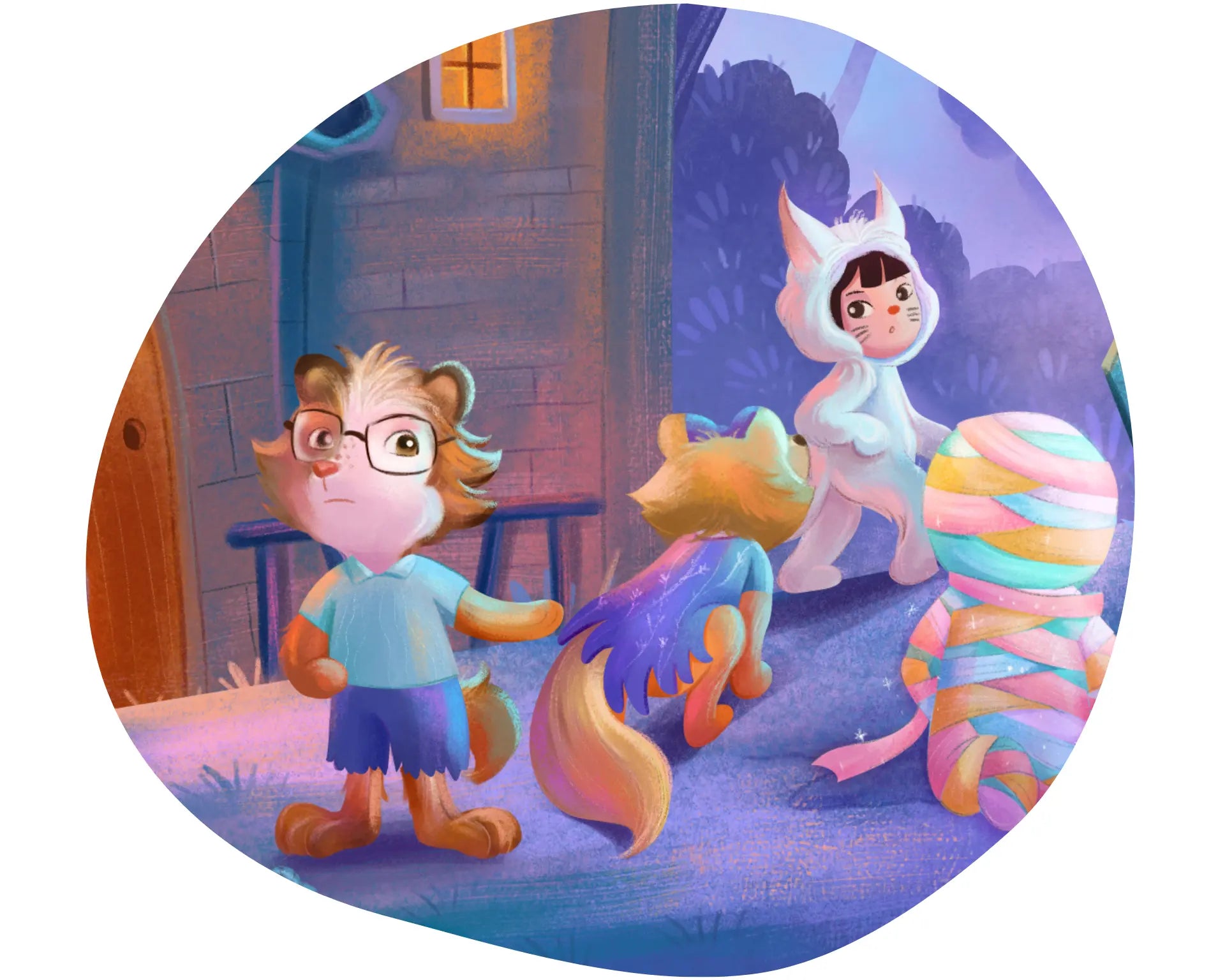 Cartoon characters in costumes with a colorful background