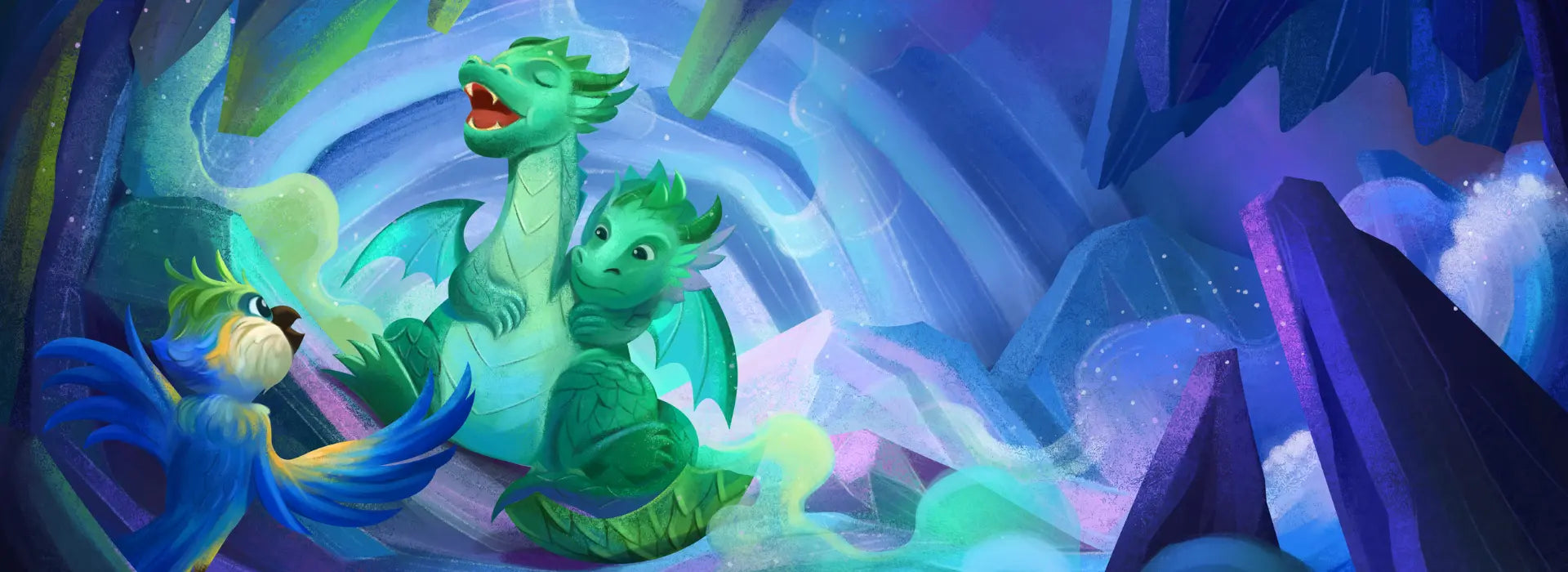 Wide fantasy banner showing a green two-headed dragon in a glowing blue crystal cave, with a blue and yellow parrot on the left